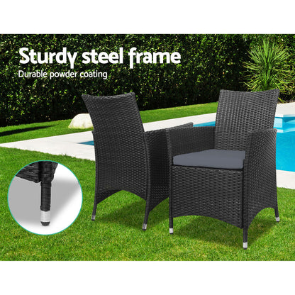 Gardeon 3PC Outdoor Bistro Set Patio Furniture Wicker Setting Chairs Table Cushion Black - Cosy Abode