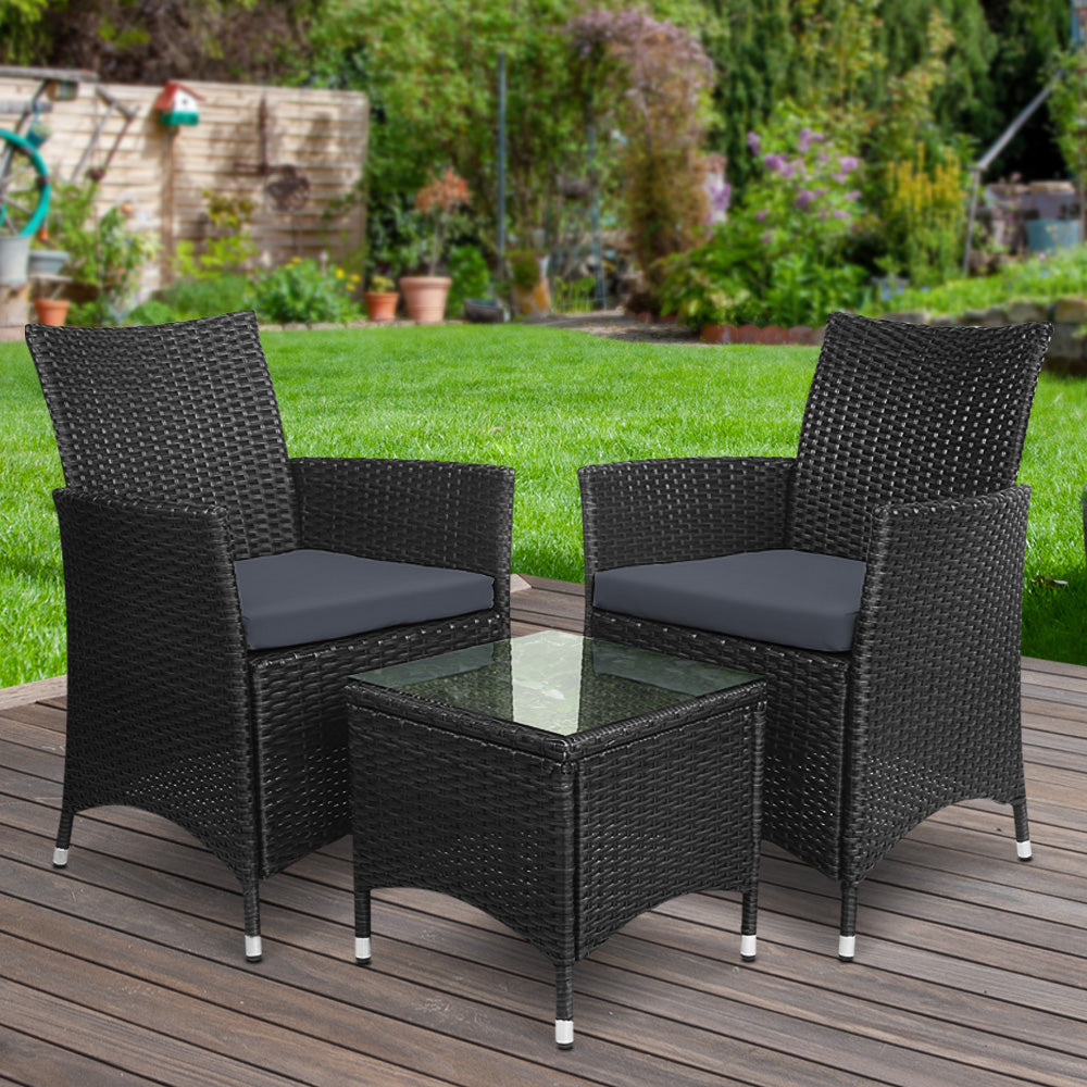 Gardeon 3PC Outdoor Bistro Set Patio Furniture Wicker Setting Chairs Table Cushion Black - Cosy Abode