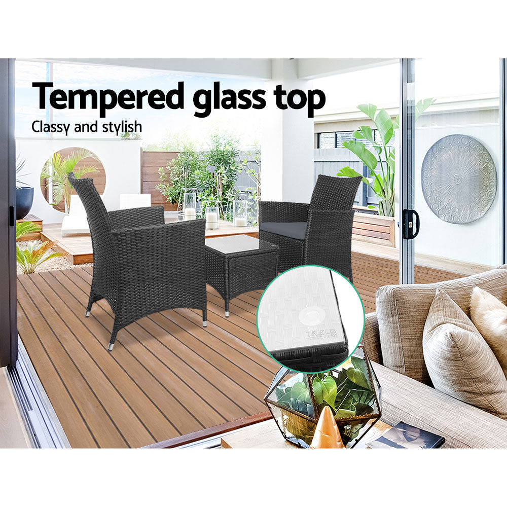 Gardeon 3PC Outdoor Bistro Set Patio Furniture Wicker Setting Chairs Table Cushion Black - Cosy Abode