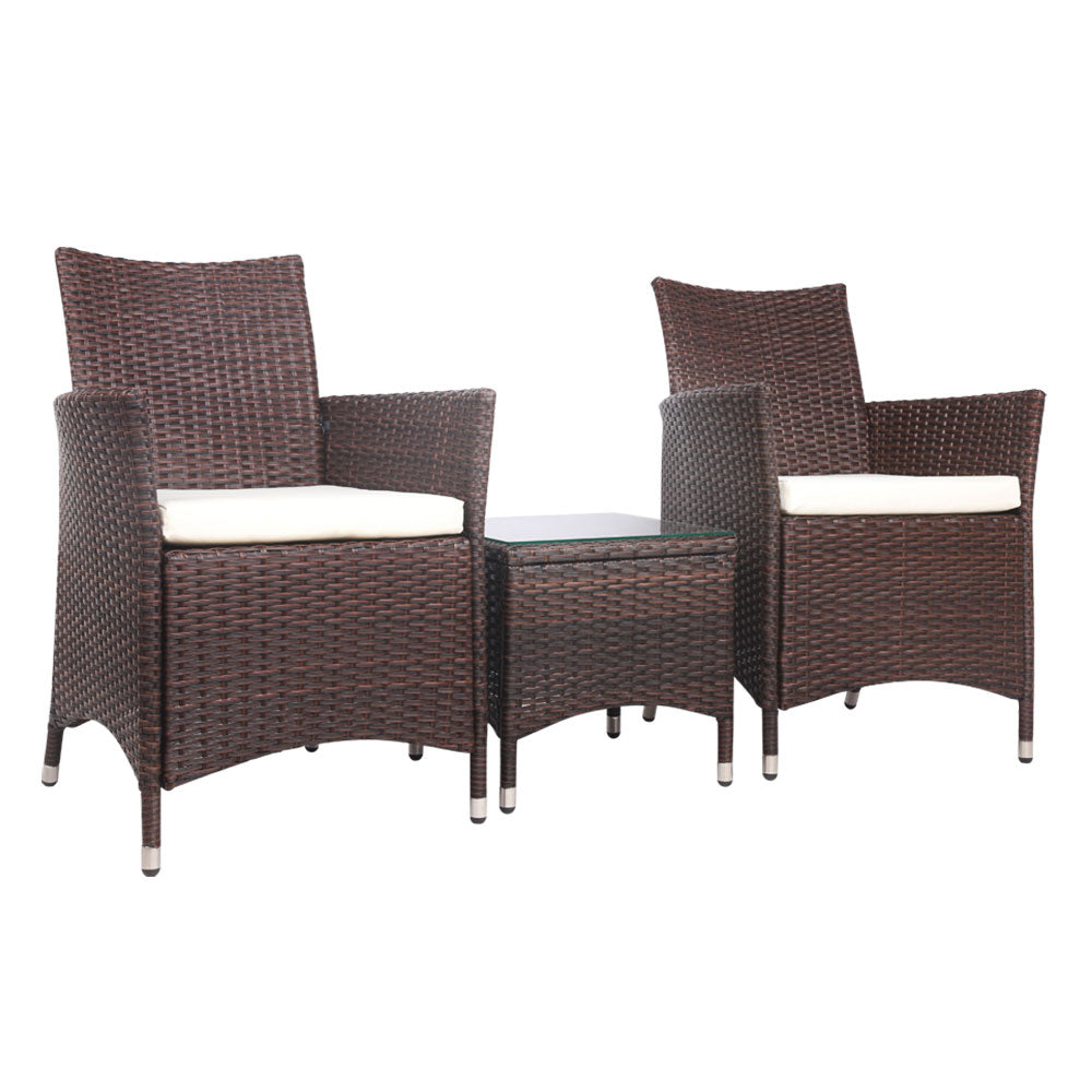 Gardeon 3PC Outdoor Bistro Set Patio Furniture Wicker Setting Chairs Table Cushion Brown - Cosy Abode