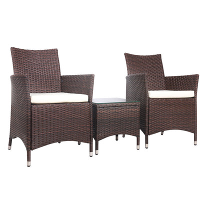 Gardeon 3PC Outdoor Bistro Set Patio Furniture Wicker Setting Chairs Table Cushion Brown - Cosy Abode