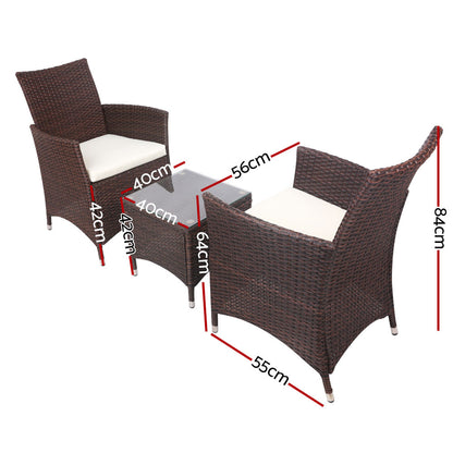Gardeon 3PC Outdoor Bistro Set Patio Furniture Wicker Setting Chairs Table Cushion Brown - Cosy Abode