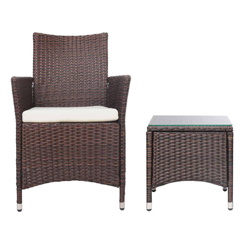 Gardeon 3PC Outdoor Bistro Set Patio Furniture Wicker Setting Chairs Table Cushion Brown - Cosy Abode