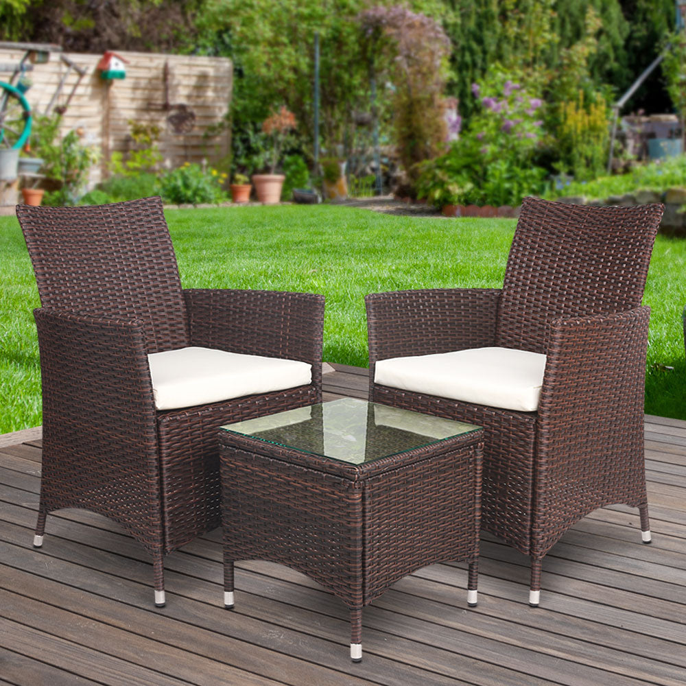 Gardeon 3PC Outdoor Bistro Set Patio Furniture Wicker Setting Chairs Table Cushion Brown - Cosy Abode