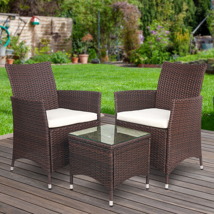 Gardeon 3PC Outdoor Bistro Set Patio Furniture Wicker Setting Chairs Table Cushion Brown - Cosy Abode