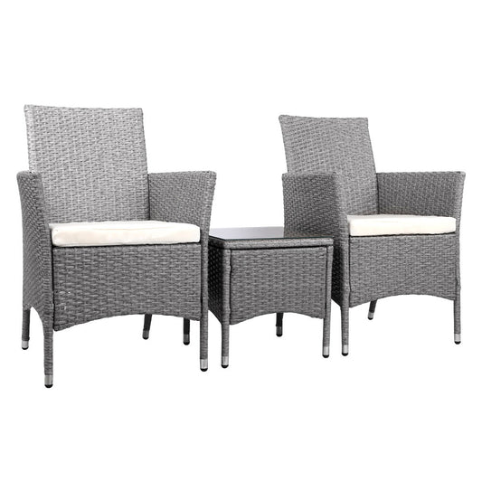 Gardeon 3PC Outdoor Bistro Set Patio Furniture Wicker Setting Chairs Table Cushion Grey - Cosy Abode