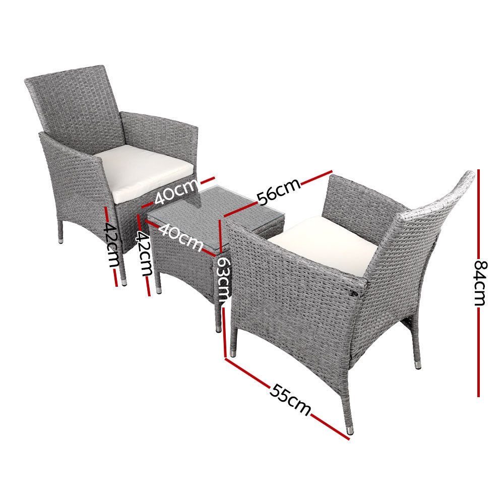 Gardeon 3PC Outdoor Bistro Set Patio Furniture Wicker Setting Chairs Table Cushion Grey - Cosy Abode