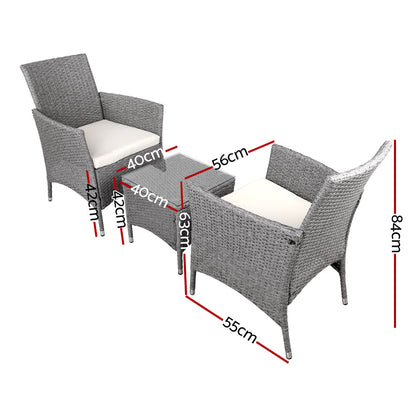 Gardeon 3PC Outdoor Bistro Set Patio Furniture Wicker Setting Chairs Table Cushion Grey - Cosy Abode