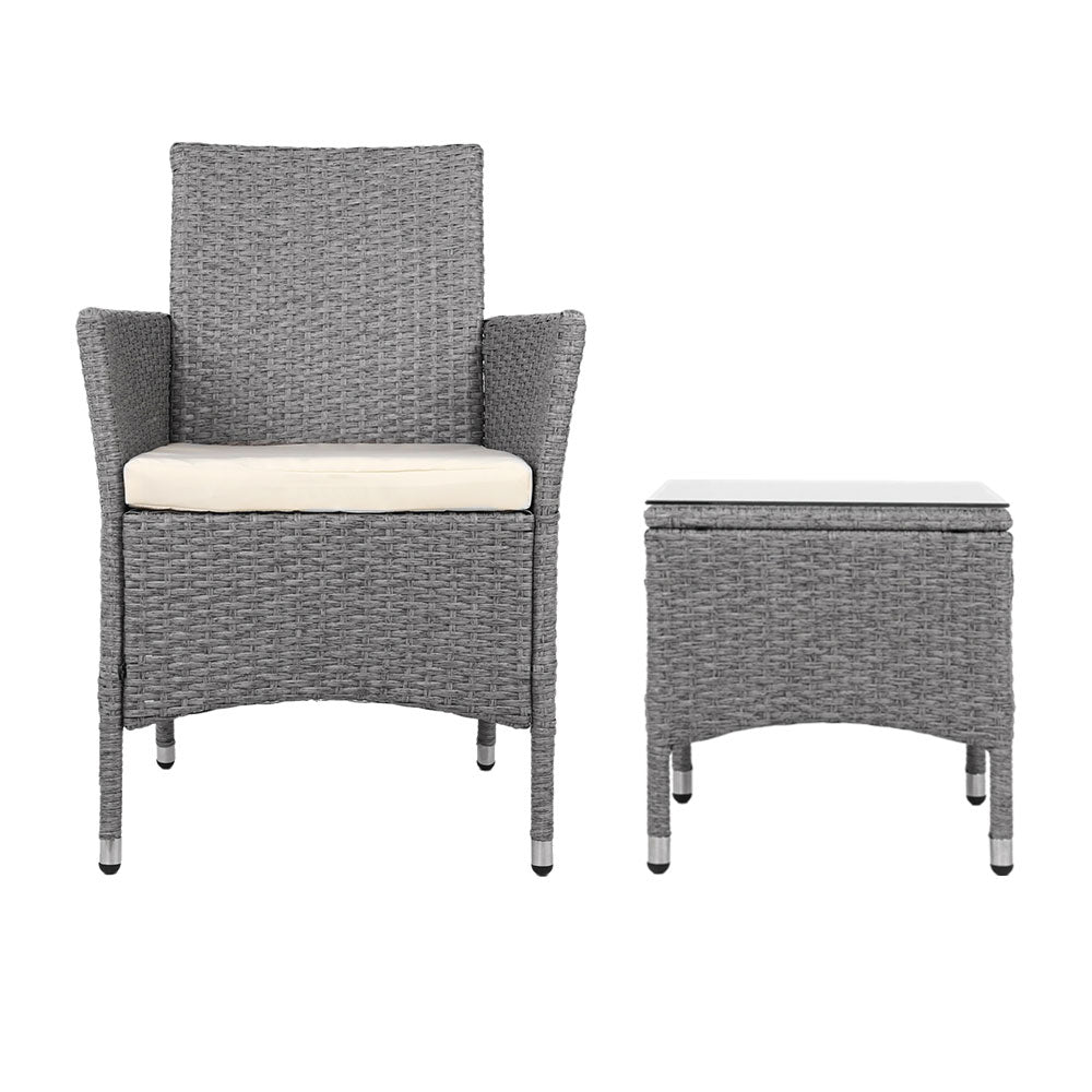 Gardeon 3PC Outdoor Bistro Set Patio Furniture Wicker Setting Chairs Table Cushion Grey - Cosy Abode