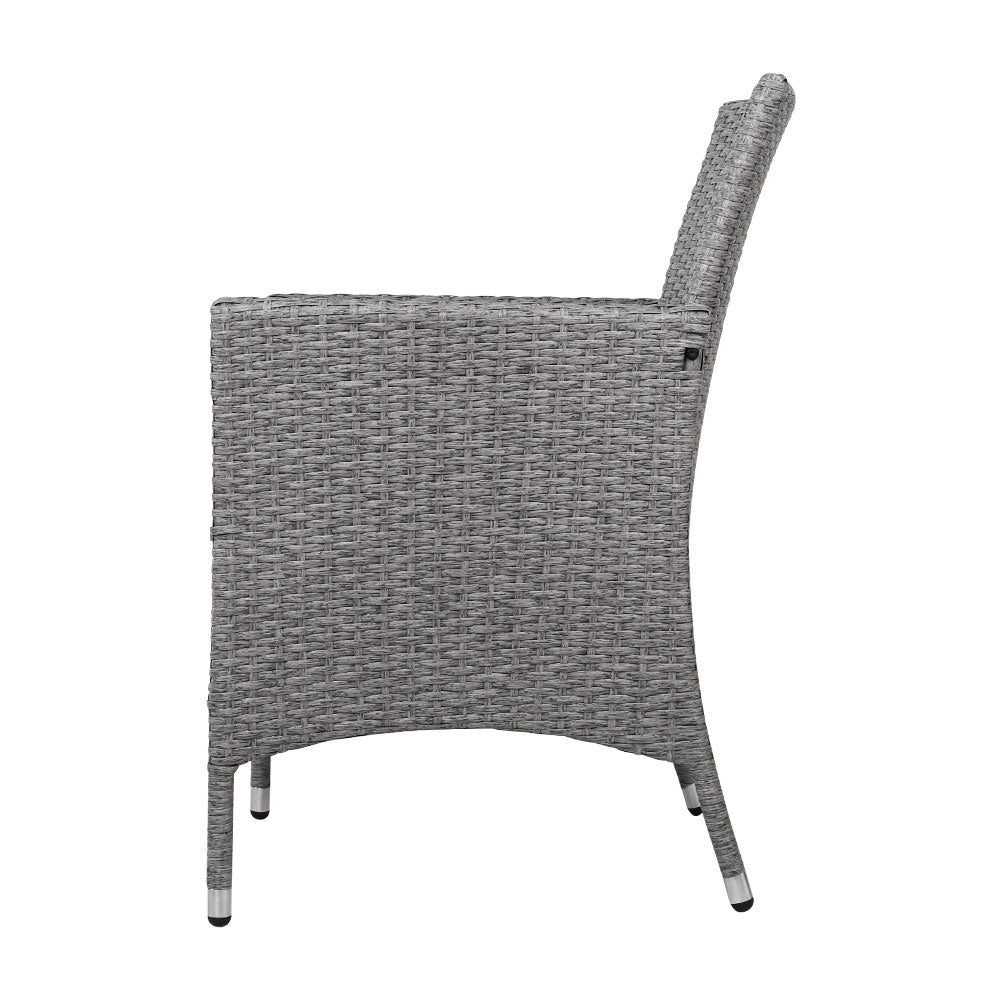 Gardeon 3PC Outdoor Bistro Set Patio Furniture Wicker Setting Chairs Table Cushion Grey - Cosy Abode