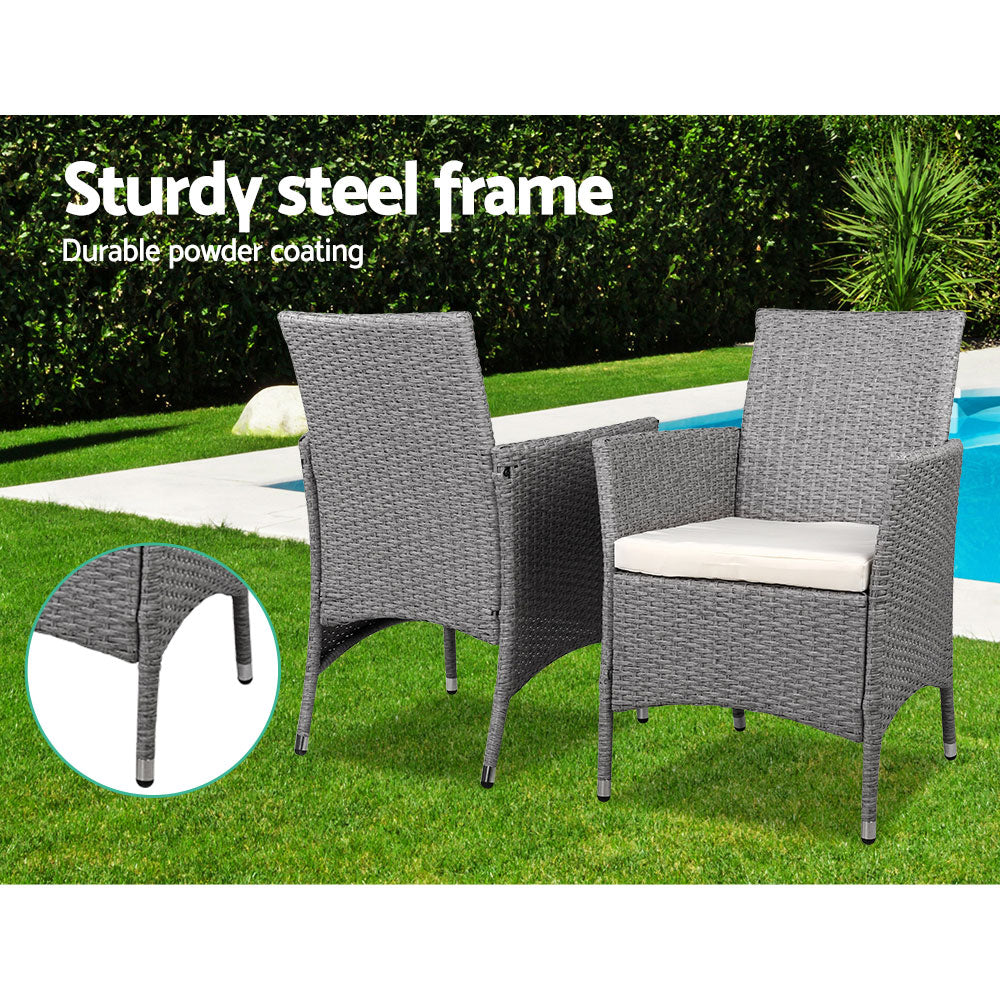 Gardeon 3PC Outdoor Bistro Set Patio Furniture Wicker Setting Chairs Table Cushion Grey - Cosy Abode