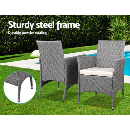 Gardeon 3PC Outdoor Bistro Set Patio Furniture Wicker Setting Chairs Table Cushion Grey - Cosy Abode