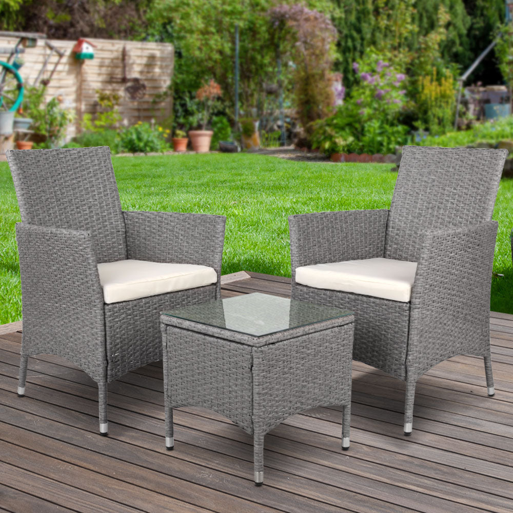 Gardeon 3PC Outdoor Bistro Set Patio Furniture Wicker Setting Chairs Table Cushion Grey - Cosy Abode
