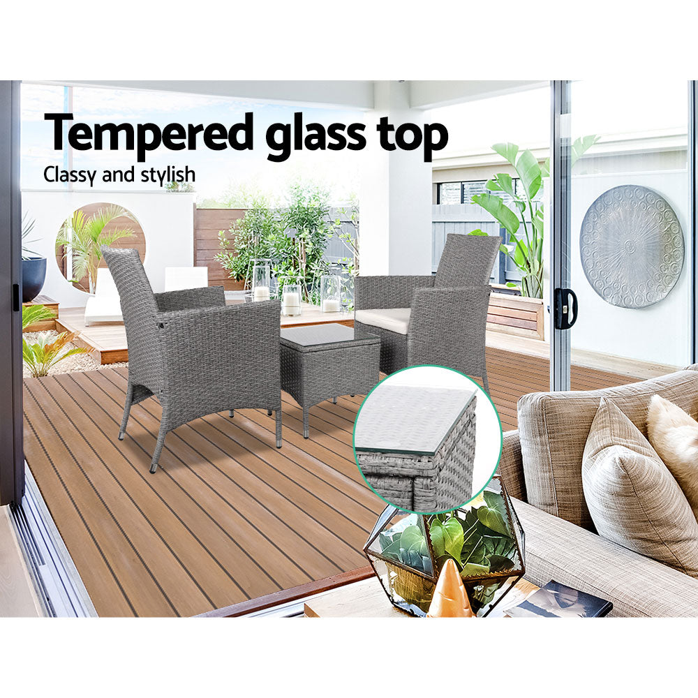 Gardeon 3PC Outdoor Bistro Set Patio Furniture Wicker Setting Chairs Table Cushion Grey - Cosy Abode