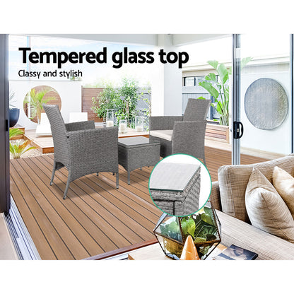 Gardeon 3PC Outdoor Bistro Set Patio Furniture Wicker Setting Chairs Table Cushion Grey - Cosy Abode
