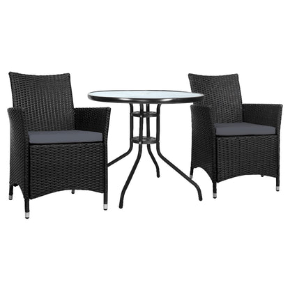 Gardeon 3PC Bistro Set Outdoor Furniture Rattan Table Chairs Cushion Patio Garden Idris - Cosy Abode