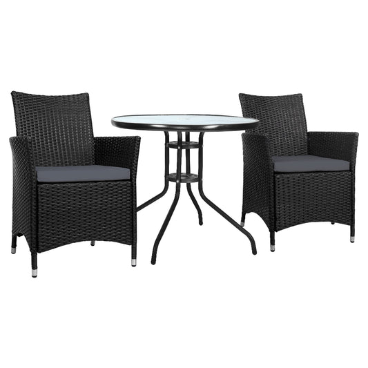 Gardeon 3PC Bistro Set Outdoor Furniture Rattan Table Chairs Cushion Patio Garden Idris - Cosy Abode