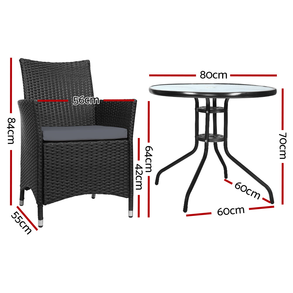 Gardeon 3PC Bistro Set Outdoor Furniture Rattan Table Chairs Cushion Patio Garden Idris - Cosy Abode