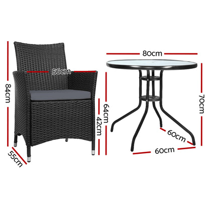 Gardeon 3PC Bistro Set Outdoor Furniture Rattan Table Chairs Cushion Patio Garden Idris - Cosy Abode