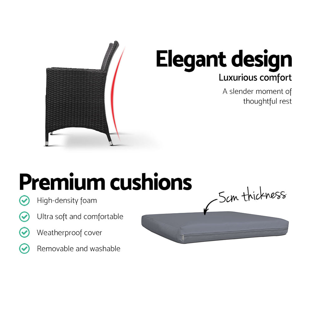 Gardeon 3PC Bistro Set Outdoor Furniture Rattan Table Chairs Cushion Patio Garden Idris - Cosy Abode