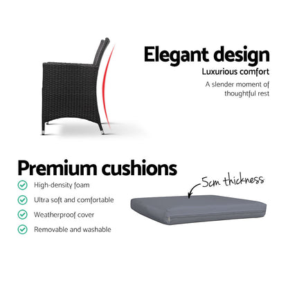 Gardeon 3PC Bistro Set Outdoor Furniture Rattan Table Chairs Cushion Patio Garden Idris - Cosy Abode