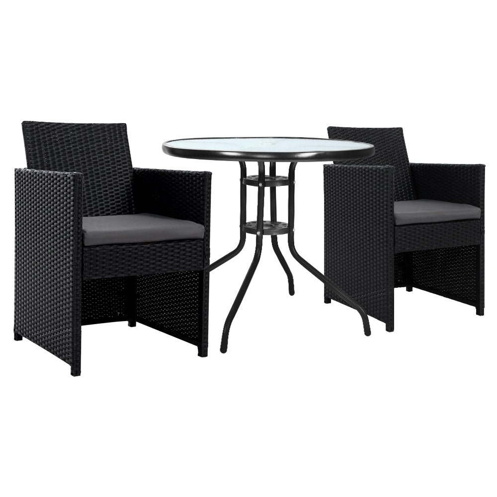 Gardeon 3PC Bistro Set Outdoor Furniture Rattan Table Chairs Cushion Patio Garden Hugo - Cosy Abode