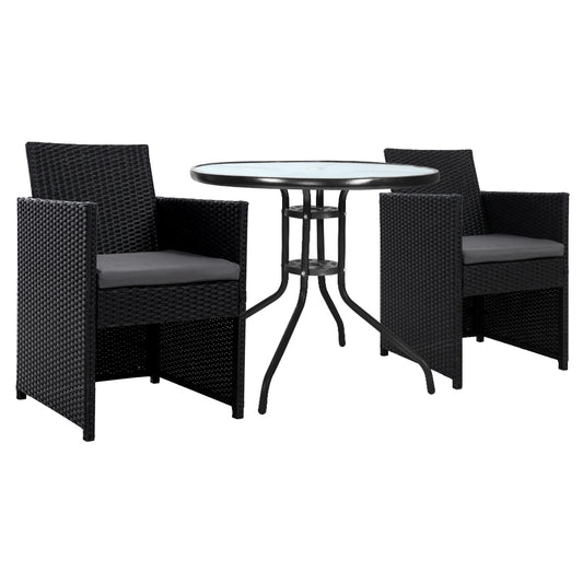 Gardeon 3PC Bistro Set Outdoor Furniture Rattan Table Chairs Cushion Patio Garden Hugo - Cosy Abode
