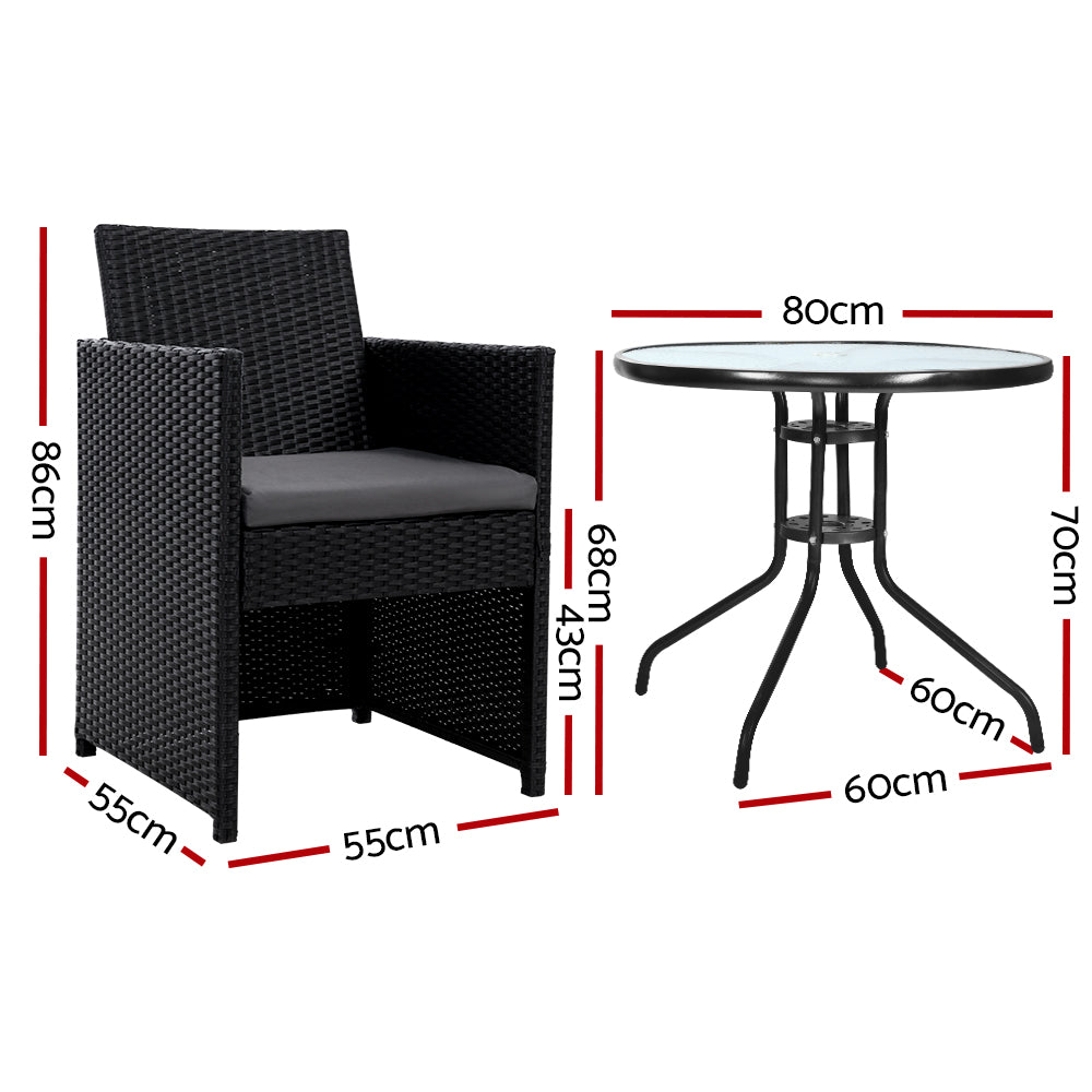 Gardeon 3PC Bistro Set Outdoor Furniture Rattan Table Chairs Cushion Patio Garden Hugo - Cosy Abode