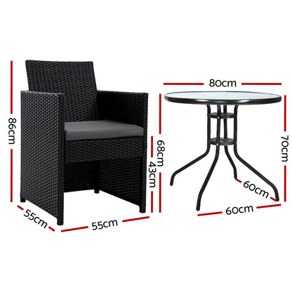 Gardeon 3PC Bistro Set Outdoor Furniture Rattan Table Chairs Cushion Patio Garden Hugo - Cosy Abode