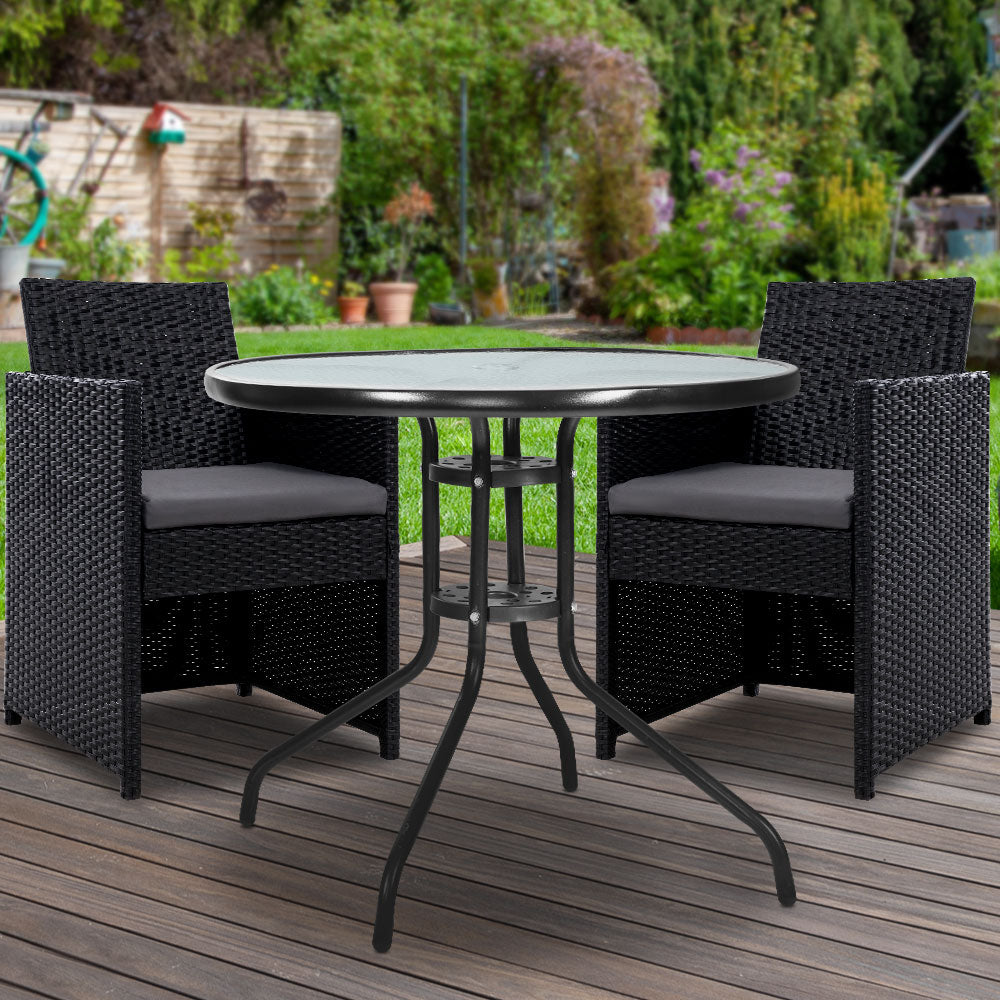 Gardeon 3PC Bistro Set Outdoor Furniture Rattan Table Chairs Cushion Patio Garden Hugo - Cosy Abode