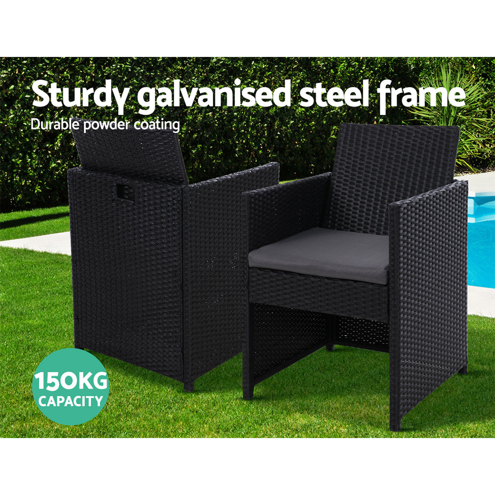 Gardeon 3PC Bistro Set Outdoor Furniture Rattan Table Chairs Cushion Patio Garden Hugo - Cosy Abode