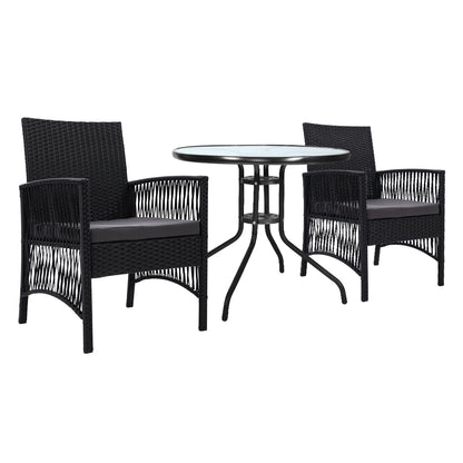 Gardeon 3PC Bistro Set Outdoor Furniture Rattan Table Chairs Cushion Patio Garden Lyra - Cosy Abode