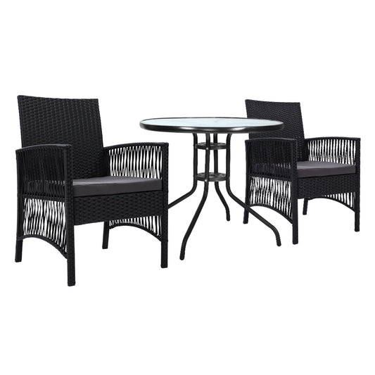 Gardeon 3PC Bistro Set Outdoor Furniture Rattan Table Chairs Cushion Patio Garden Lyra - Cosy Abode
