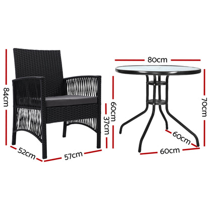 Gardeon 3PC Bistro Set Outdoor Furniture Rattan Table Chairs Cushion Patio Garden Lyra - Cosy Abode