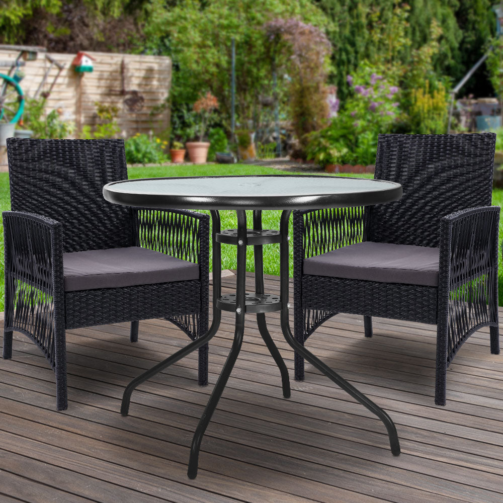 Gardeon 3PC Bistro Set Outdoor Furniture Rattan Table Chairs Cushion Patio Garden Lyra - Cosy Abode