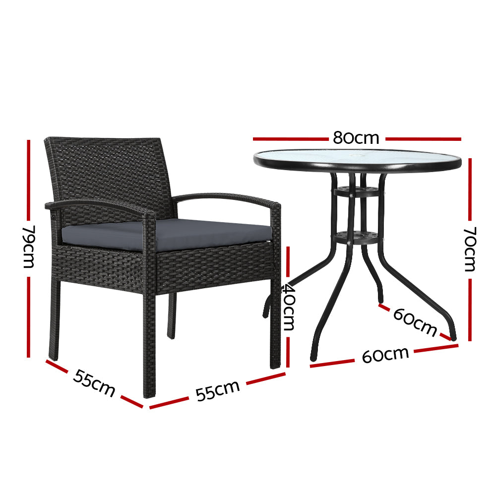 Gardeon 3PC Bistro Set Outdoor Furniture Rattan Table Chairs Cushion Patio Garden Felix - Cosy Abode