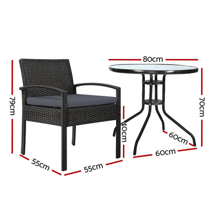 Gardeon 3PC Bistro Set Outdoor Furniture Rattan Table Chairs Cushion Patio Garden Felix - Cosy Abode