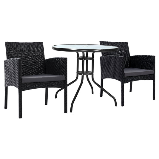 Gardeon 3PC Bistro Set Outdoor Furniture Rattan Table Chairs Cushion Patio Garden Ezra - Cosy Abode