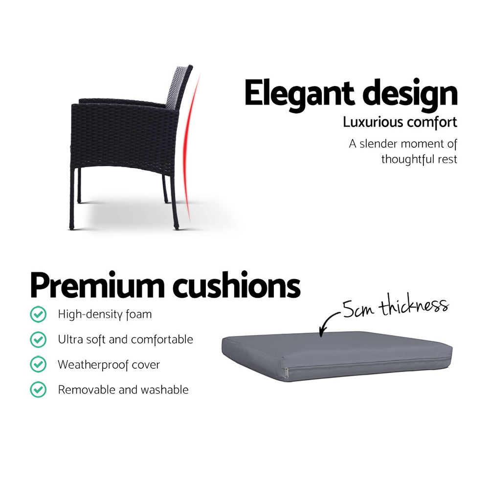 Gardeon 3PC Bistro Set Outdoor Furniture Rattan Table Chairs Cushion Patio Garden Ezra - Cosy Abode