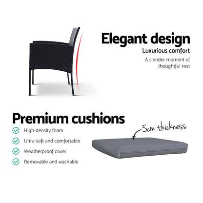 Gardeon 3PC Bistro Set Outdoor Furniture Rattan Table Chairs Cushion Patio Garden Ezra - Cosy Abode