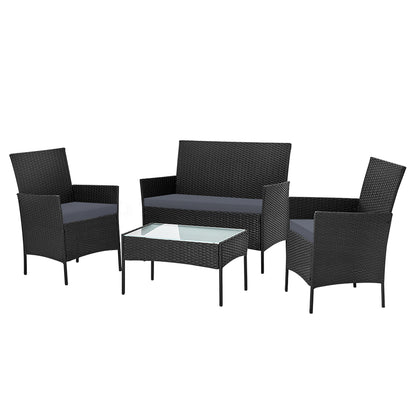 Gardeon 4 Seater Outdoor Sofa Set Wicker Setting Table Chair Furniture - Black - Cosy Abode