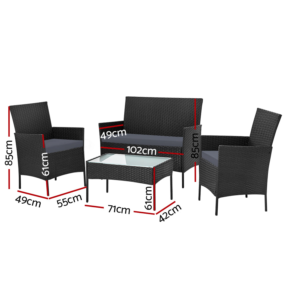 Gardeon 4 Seater Outdoor Sofa Set Wicker Setting Table Chair Furniture - Black - Cosy Abode