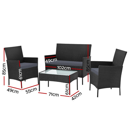 Gardeon 4 Seater Outdoor Sofa Set Wicker Setting Table Chair Furniture - Black - Cosy Abode