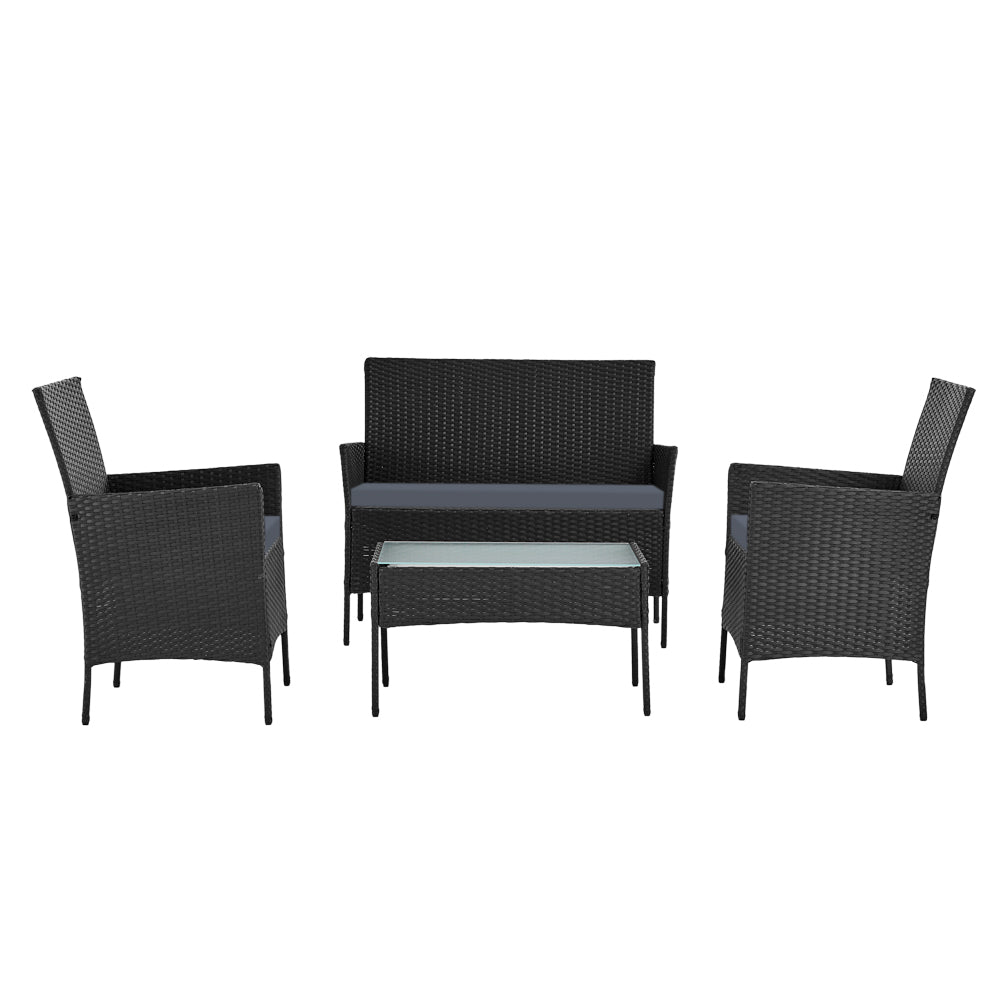 Gardeon 4 Seater Outdoor Sofa Set Wicker Setting Table Chair Furniture - Black - Cosy Abode