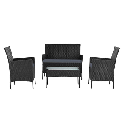 Gardeon 4 Seater Outdoor Sofa Set Wicker Setting Table Chair Furniture - Black - Cosy Abode