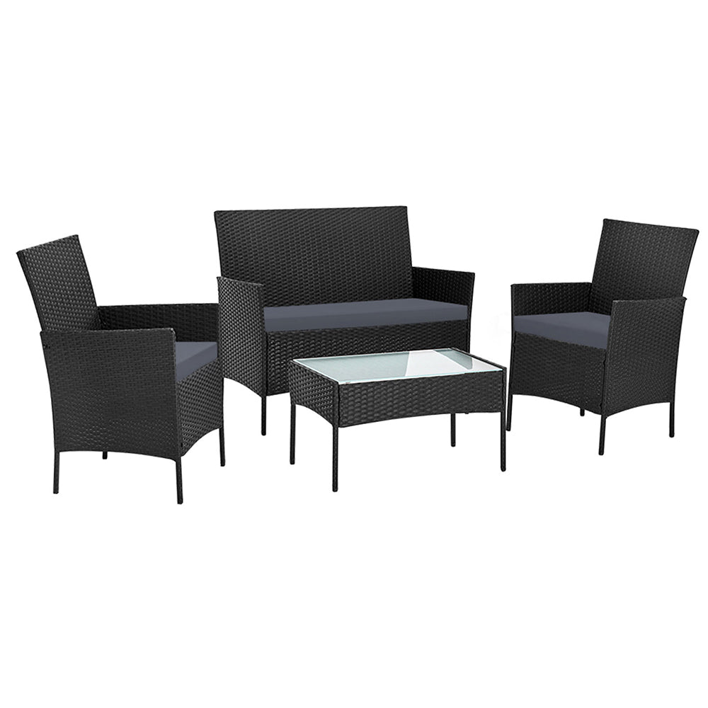 Gardeon 4 Seater Outdoor Wicker Furniture Setting with Glass Top Table & Storage Cover - Black - Cosy Abode