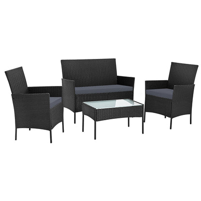 Gardeon 4 Seater Outdoor Wicker Furniture Setting with Glass Top Table & Storage Cover - Black - Cosy Abode