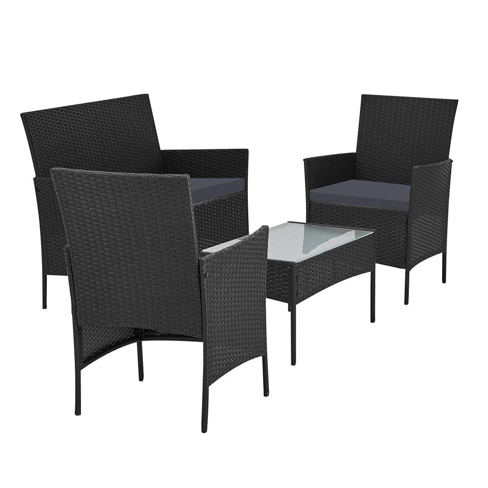 Gardeon 4 Seater Outdoor Wicker Furniture Setting with Glass Top Table & Storage Cover - Black - Cosy Abode
