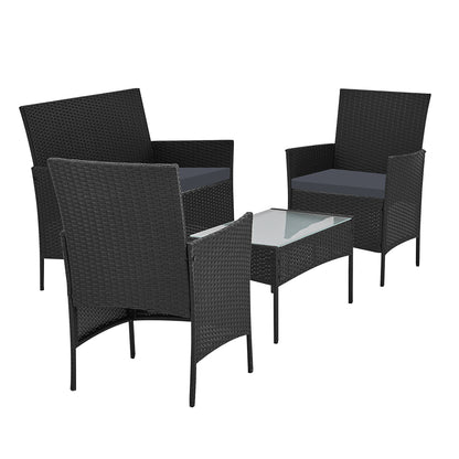 Gardeon 4 Seater Outdoor Wicker Furniture Setting with Glass Top Table & Storage Cover - Black - Cosy Abode