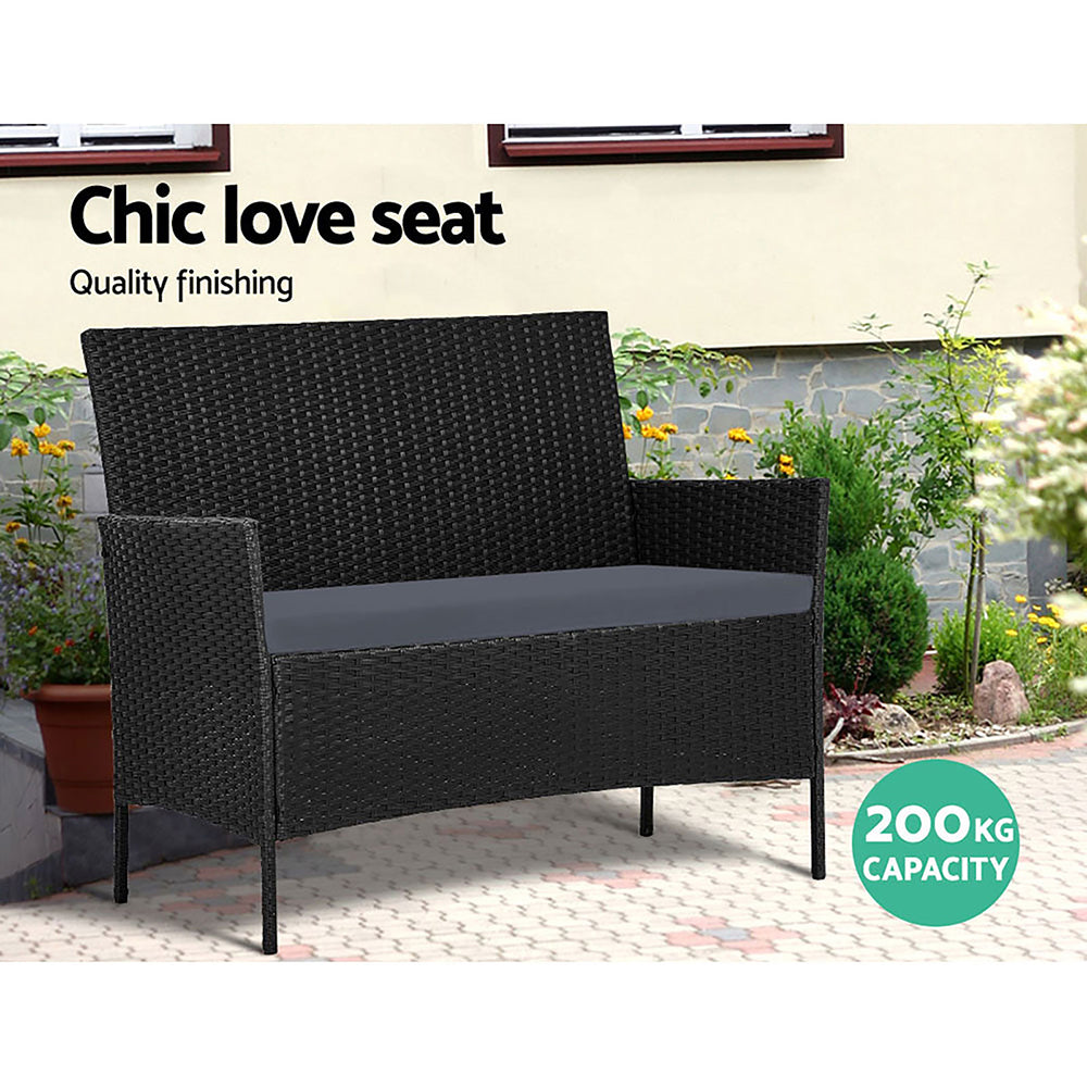 Gardeon 4 Seater Outdoor Wicker Furniture Setting with Glass Top Table & Storage Cover - Black - Cosy Abode